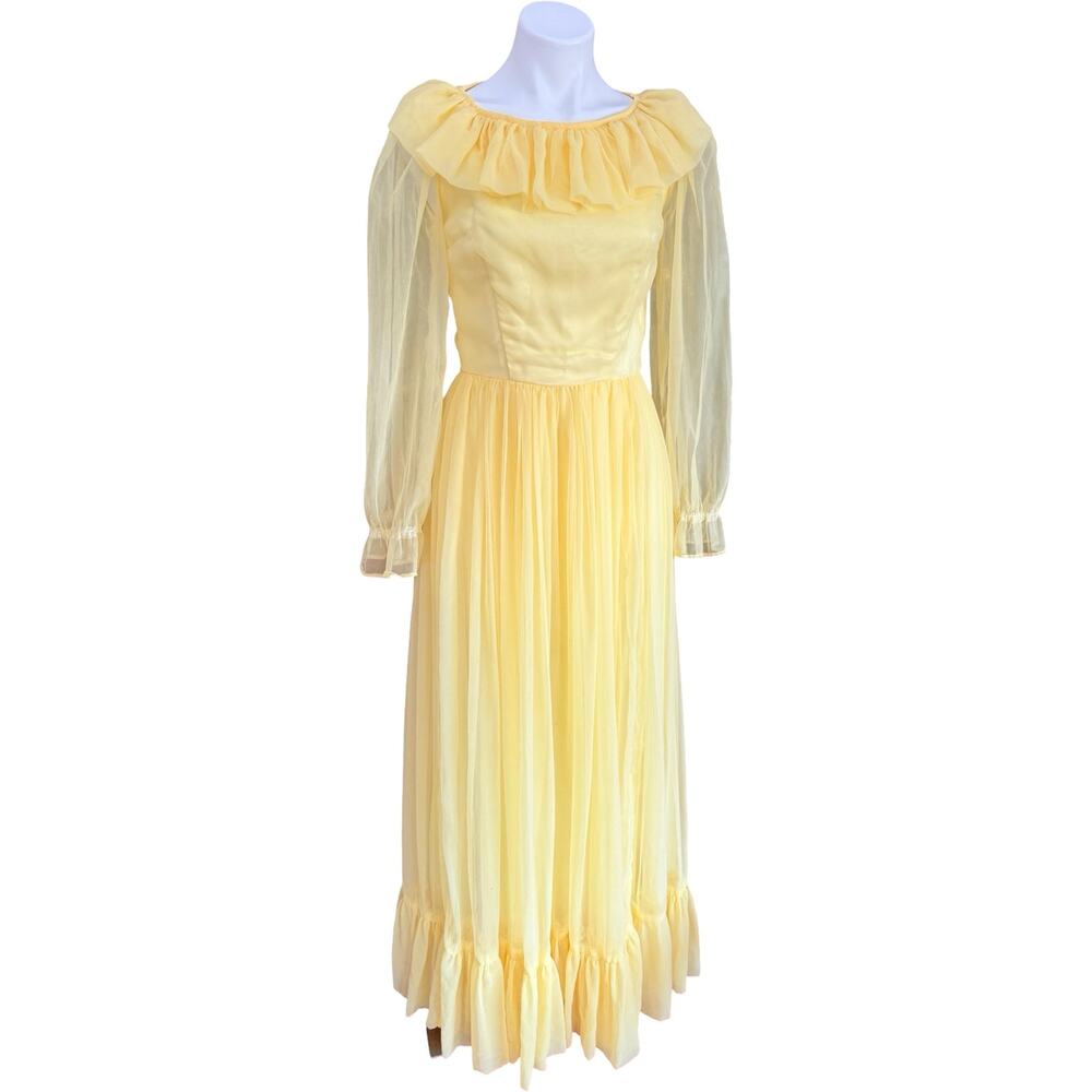 Vintage 1970 Butter Yellow Chiffon Ruffle Gown Full Sweep Overlay Bishop Sleeve - Picture 4 of 10